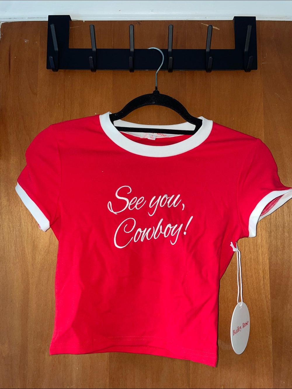 Red Ringer Crop Top with 'See You, Cowboy!' Script